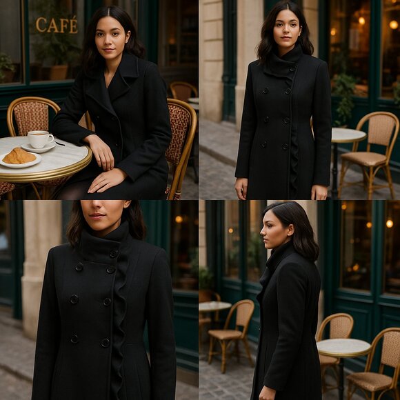 ✨T Tahari Black Ruffled Collar Coat – Elegant & Timeless - Picture 3 of 14